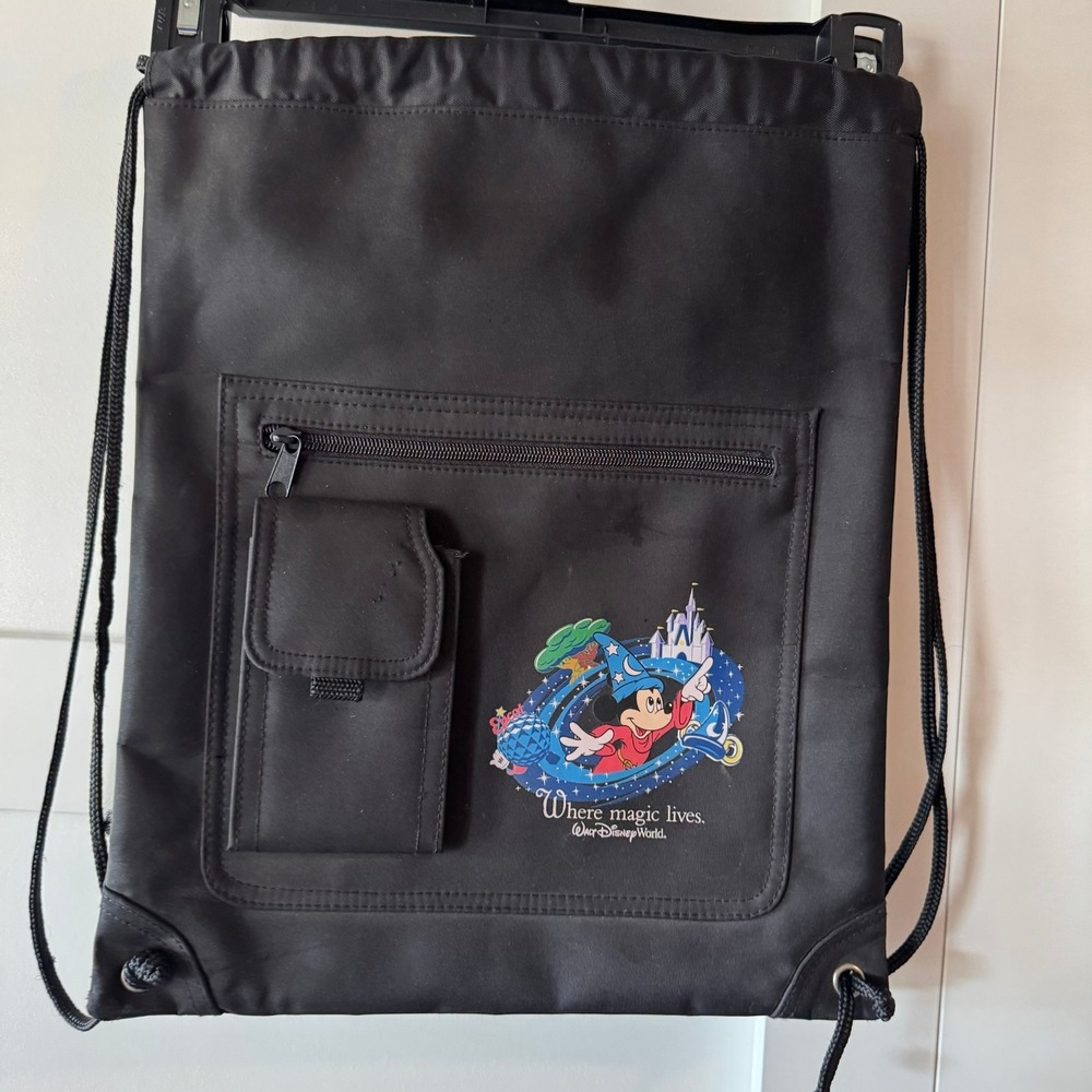 Vintage Disney World Sorcerer‎ Mickey Drawstring Backpack Bag Black - Picture 2 of 12